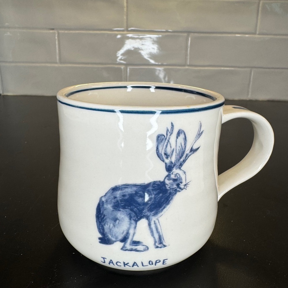 Molly Hatch Mug Adult 14oz White Blue Jackalope Mythical Rabbit Stoneware